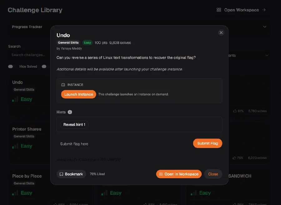 A challenge page on the platform showing problem text and a flag input