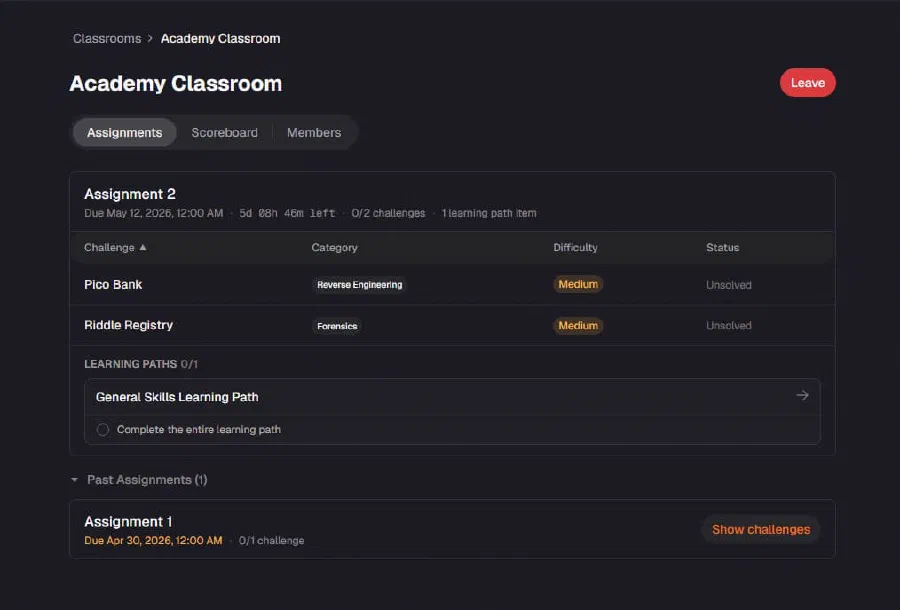 Student view of an academy classroom showing an active assignment with challenges, a learning path item, and past assignments