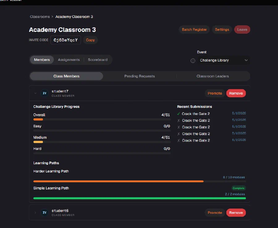 A classroom view on the platform showing student progress across assigned challenges